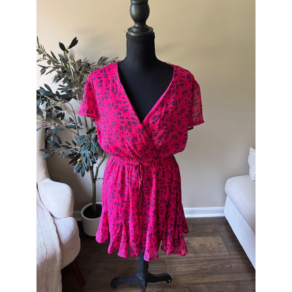 Francescas Blue Rain Pink Navy Floral V-Neck Ruffle Mini Dress Medium NWT